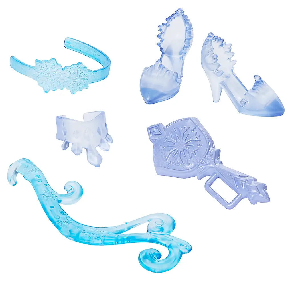 Set of Disney Frozen Elsa doll accessories in icy blue plastic including high heels, bracelet, headband, mirror, and curling snowflake staff to enhance imaginative play scenes.