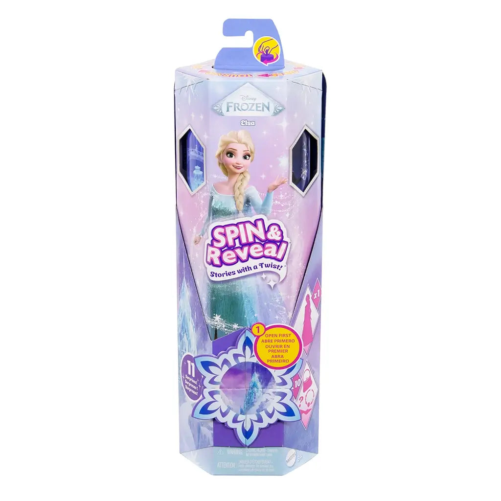 Disney Frozen Spin & Reveal Elsa doll boxed in tall hexagonal packaging with snowflake window, showcasing colorful Elsa artwork and interactive story surprise features inside.