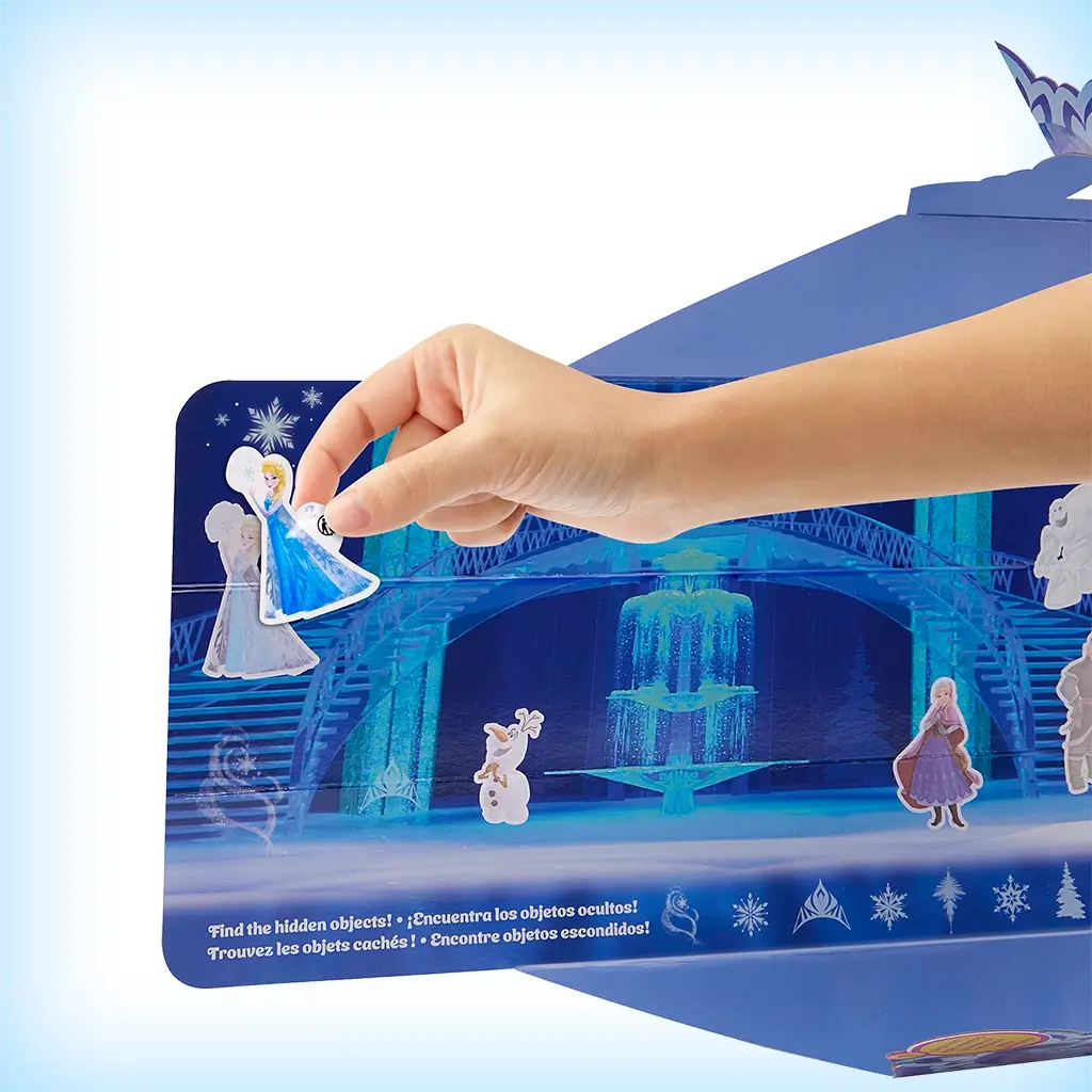 Disney Frozen Spin & Reveal Elsa set hidden object activity sheet in icy blue with stickers of Elsa, Anna, Olaf, and snowflake icons for kids to discover and match playfully.