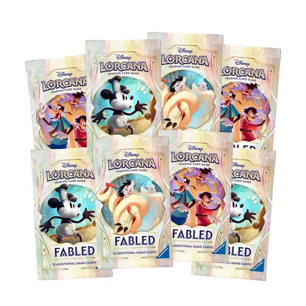Disney Lorcana Fabled Illumineer’s Trove showing booster packs, dice, storage box, and oversized foil cards with colorful artwork of Mickey, Ariel, Mulan, and other characters.