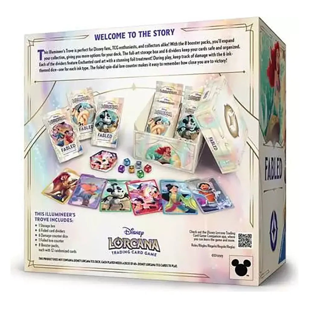Back of Disney Lorcana Fabled Illumineer’s Trove box highlighting included booster packs, storage box, foil dividers, dice, and illustrated cards with detailed product description.