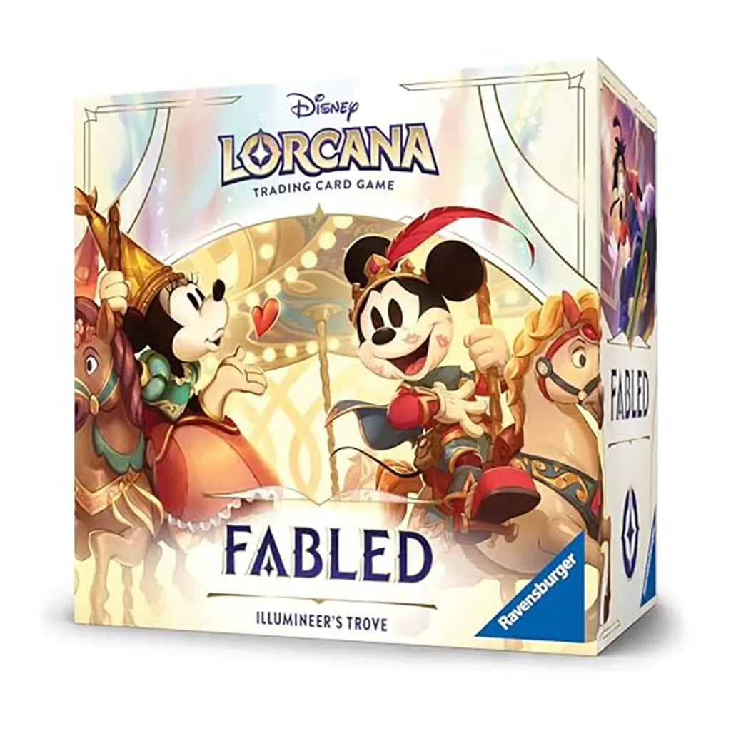 Front of Disney Lorcana Fabled Illumineer’s Trove package featuring Mickey Mouse in fantasy costume on carousel artwork, with bold logo and Ravensburger branding.