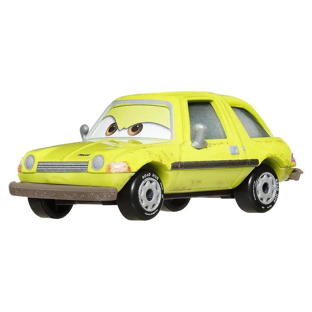 Disney Pixar Cars Acer diecast vehicle in lime yellow with cartoon eyes, silver mirrors, black stripe, and dirt detailing, shown angled forward with rolling wheels.