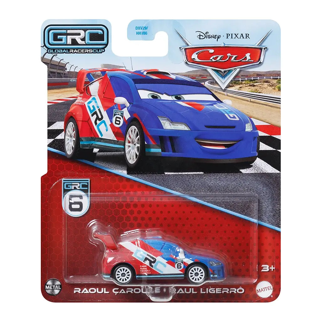 Disney Pixar Cars diecast Raoul Caroule toy in bright blue with red and white racing graphics, number six decals, and GRC logo displayed on colorful blister card packaging.