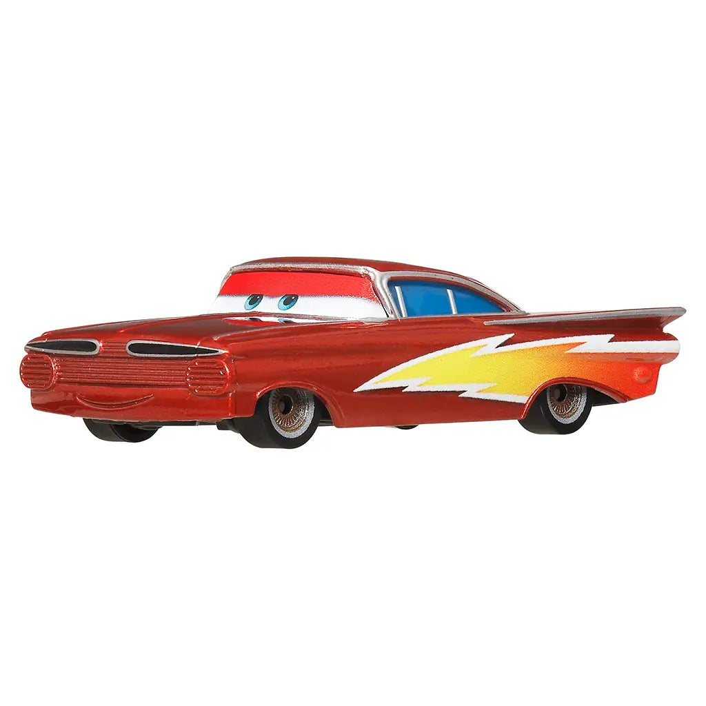 Front angled view of Disney Pixar Cars Lightning Ramone diecast toy car with metallic red finish, yellow lightning bolt on side, chrome accents, expressive blue eyes, and smooth lowrider stance.