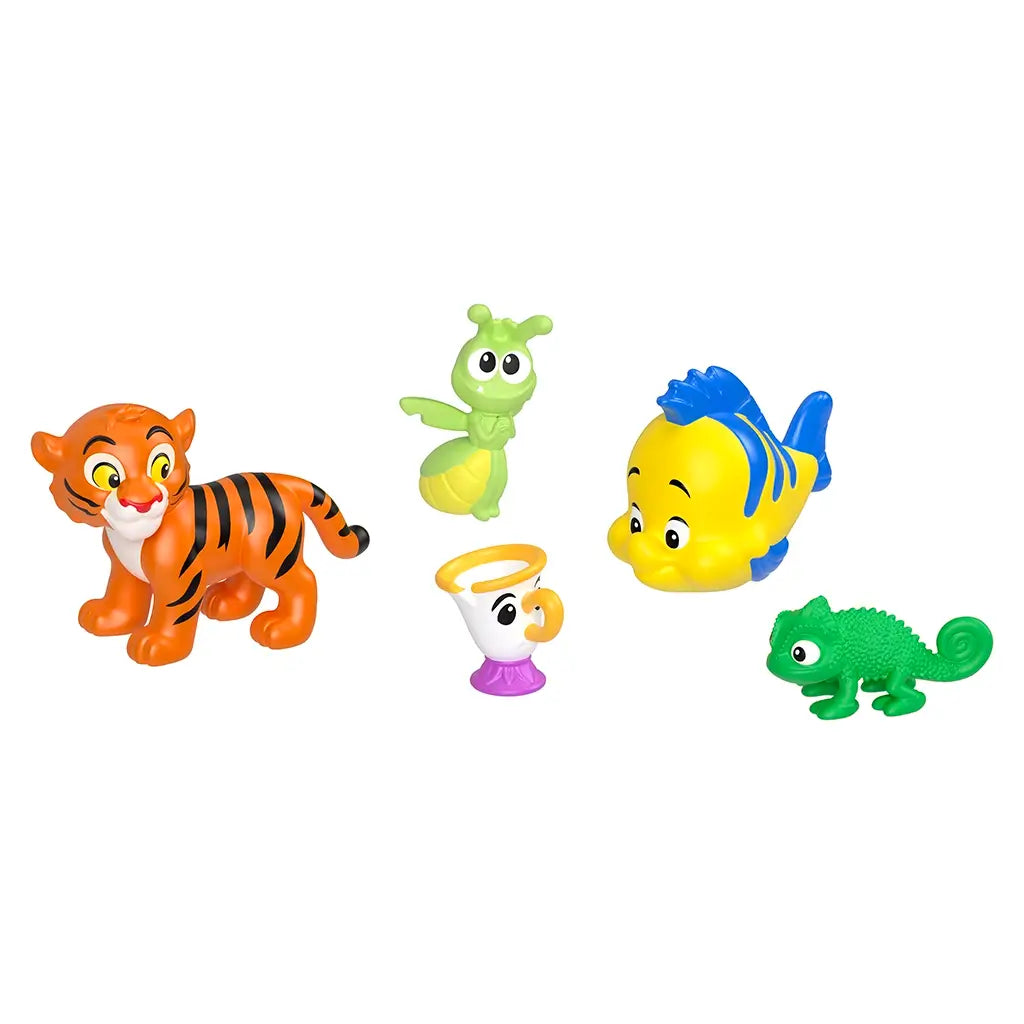 Group of five colorful animal companions from the Disney Princess Friends set, including a tiger, fish, teacup, chameleon, and lightning bug.