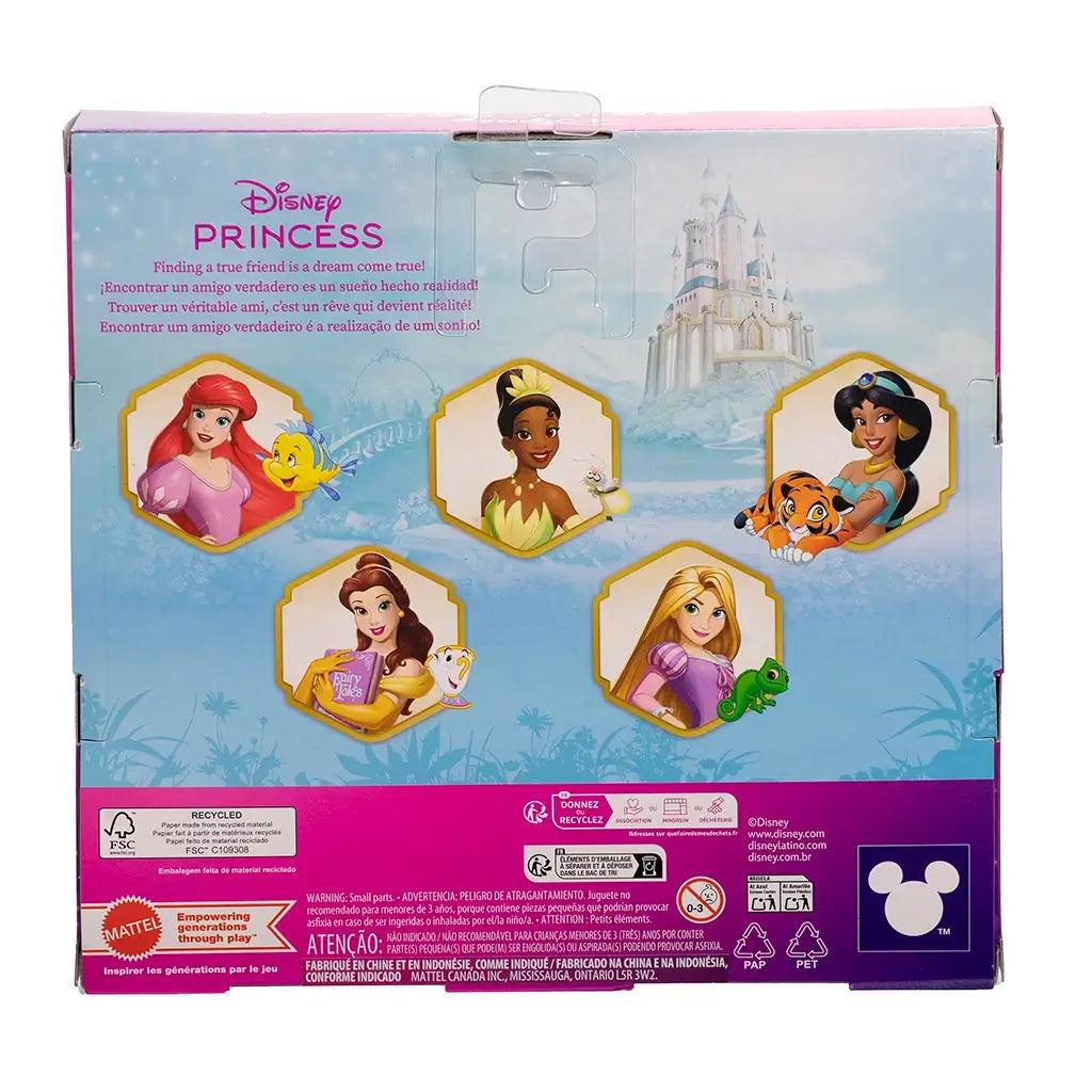 Back of Disney Princess Friends toy set package showing illustrations of five princesses with their animal companions and magical castle backdrop.