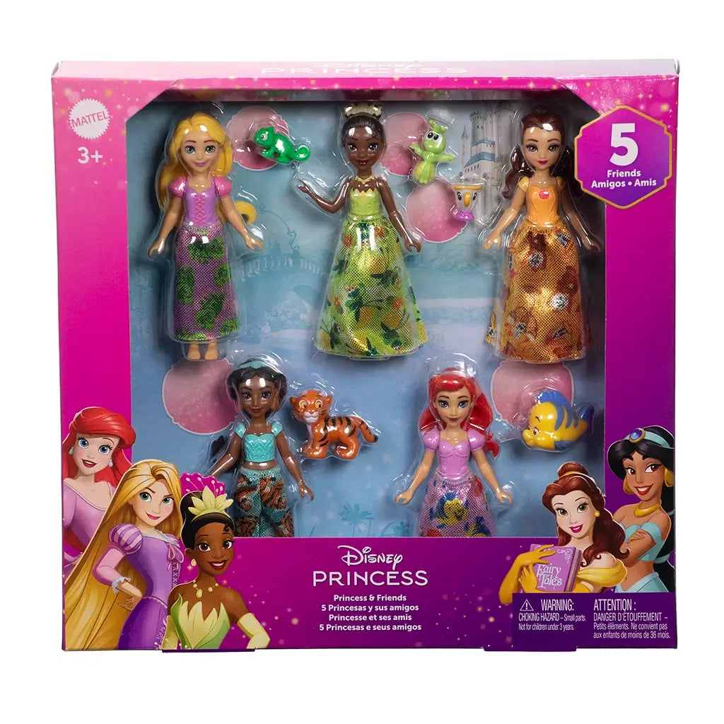 Boxed Disney Princess Friends 5-figure toy set showing five princess dolls and their animal friends, designed for ages 3 and up.