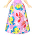 Close-up of Ariel doll’s skirt from Disney Princess Friends set, featuring Flounder and Sebastian character prints on a pink background.