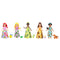 Set of five Disney Princess dolls with colorful themed skirts and matching animal companions, including Ariel, Rapunzel, Tiana, Belle, and Jasmine figures.