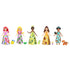 Set of five Disney Princess dolls with colorful themed skirts and matching animal companions, including Ariel, Rapunzel, Tiana, Belle, and Jasmine figures.