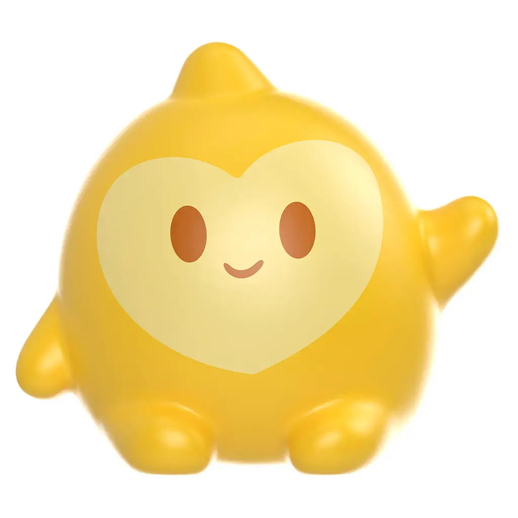Disney Wish Star figure is a small yellow toy with heart-shaped face, smiling expression, rounded body, and playful waving arm, symbolizing magic and friendship from the film.