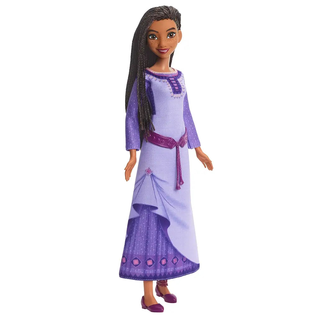 Disney Wish Singing Asha of Rosas doll shown out of packaging in a detailed purple dress with long braided hair and purple shoes, standing in a neutral pose.