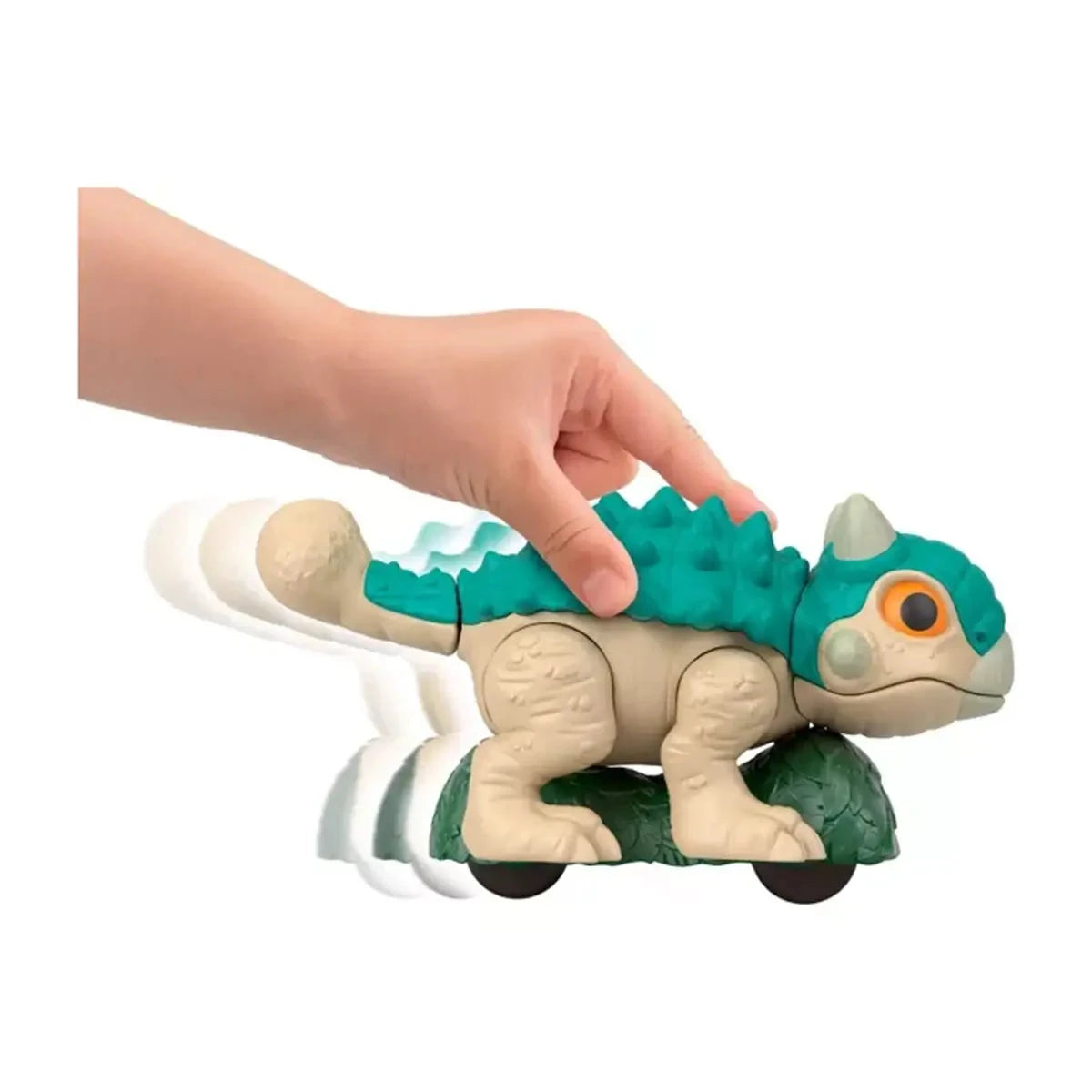 Fisher-Price Imaginext Jurassic World Ankylosaurus Dinosaur Toy With Wheels & Wiggling Motion hand  pushing 