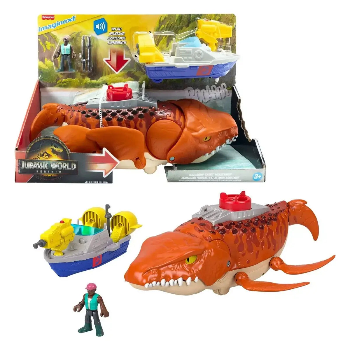 Fisher-Price Imaginext Jurassic World Rebirth Aquachomp Chase Mosasaurus Dinosaur Toy Playset and packaging