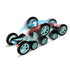 Genesis Floral LED Stunt Racer in motion, showing teal wheels and glowing lights as the vehicle performs a high-speed flip, leaving a colorful blur effect that highlights its acrobatic movement.