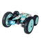 Genesis Floral LED Stunt Racer toy car with a teal and pink flower-patterned body, large rubber tires, and glowing blue LED lights, designed for 360-degree flips and stunts on multiple surfaces.