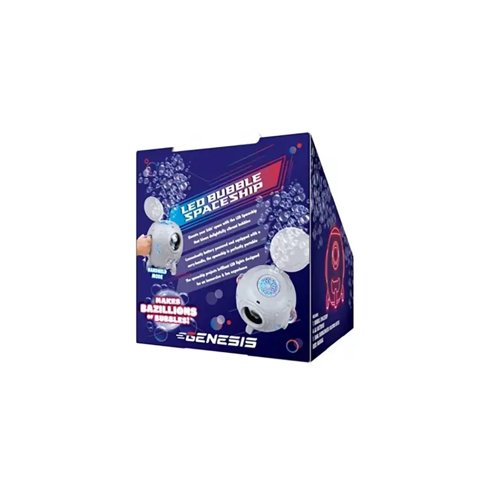 Genesis LED Bubble Spaceship box in dark blue with bubble graphics and product images, promoting bright LED lights and the ability to make “bazillions of bubbles.”