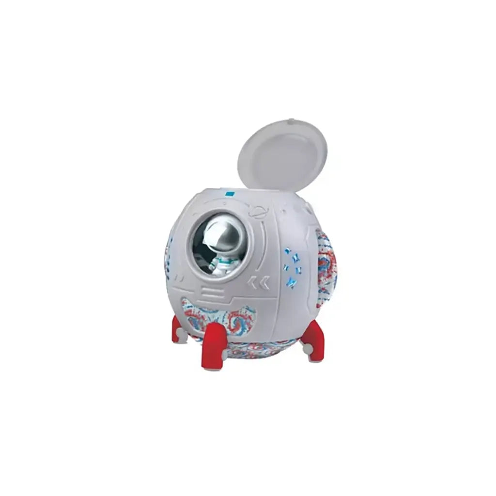 White Genesis LED Bubble Spaceship toy with red legs and open lid, featuring a shiny bubble chamber that releases colorful bubbles, designed with playful space-themed accents.