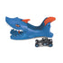 Side view of Hot Wheels City Nemesis Shark Launcher featuring blue shark body with orange fins and teeth, alongside a black die-cast car with chrome engine detailing.