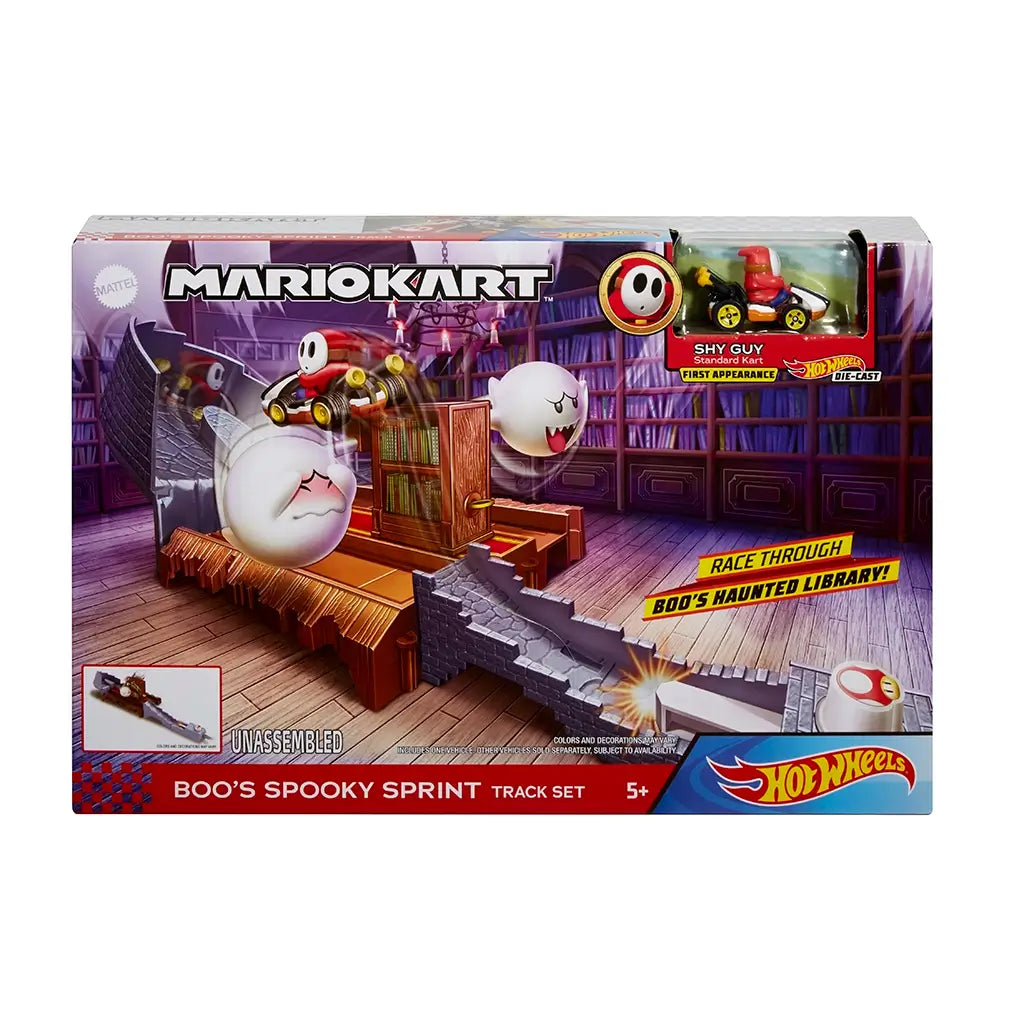 Retail box of Hot Wheels Mario Kart Boo’s Spooky Sprint shows track with Boo ghosts, haunted library bookshelf obstacle, and Shy Guy kart vehicle included for racing play.