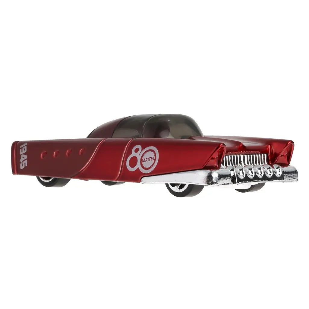 Red Hot Wheels Mattel Dream Mobile toy car in 1:64 scale with chrome front grille and futuristic design, celebrating Mattel's 80th anniversary, model year 1945.