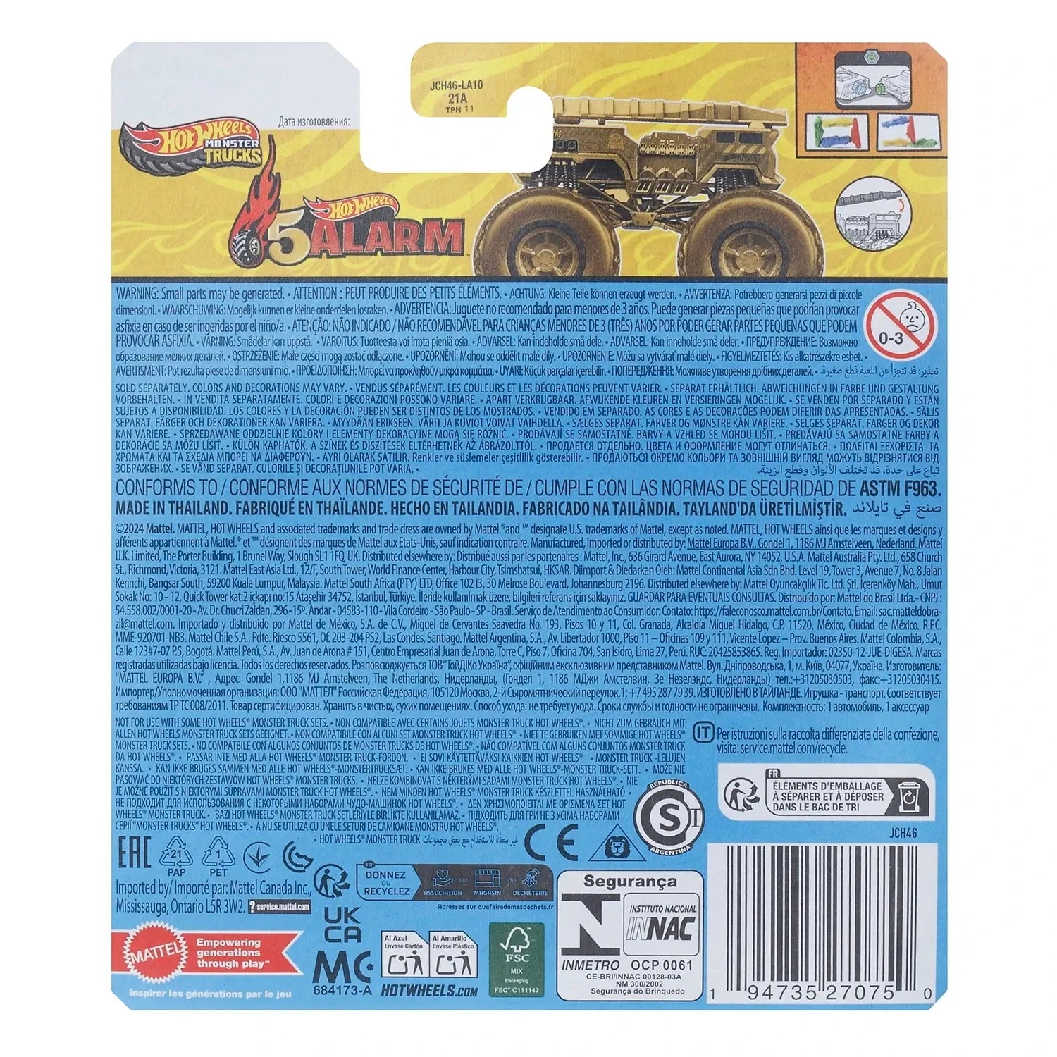 Back of Hot Wheels 5 Alarm gold monster truck package showing product info, warnings, and a side image of the gold truck for collector and safety reference.