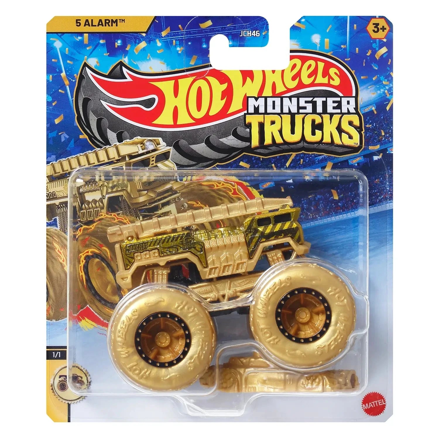 Hot Wheels Monster Trucks 5 Alarm fire brigade truck in gold edition, displayed in original packaging with bold artwork and large wheels, designed for kids ages 3 and up.