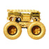 Side view of gold Hot Wheels Monster Trucks 5 Alarm fire brigade vehicle with flame-textured tires and detailed emergency graphics.