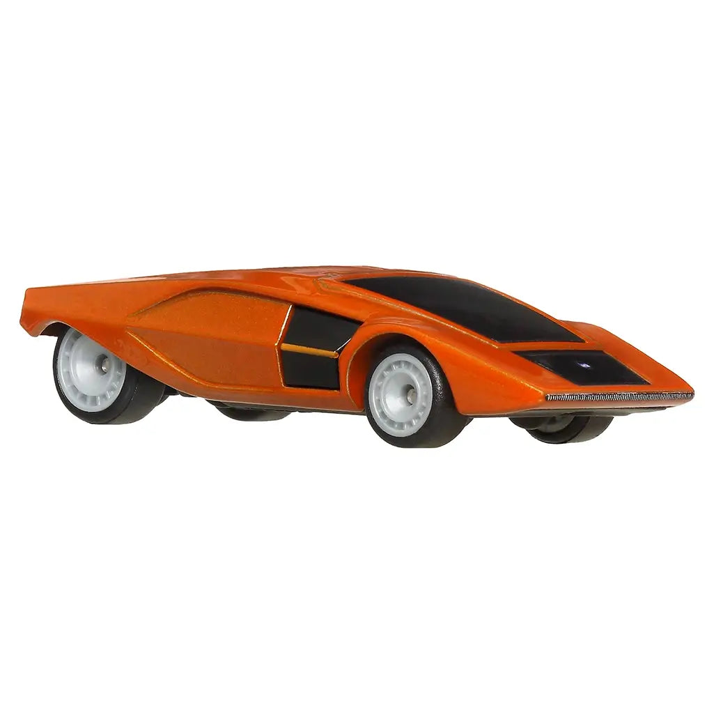 Front angled view of Hot Wheels Lancia Stratos Zero toy car in metallic orange with black accents and low-profile wedge design, part of Premium collection.