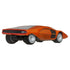 Rear angle view of Hot Wheels Premium Lancia Stratos Zero toy car with orange body, black rear detail, and wide wheels, modeled after the concept car.