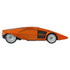 Side profile of Hot Wheels Premium Lancia Stratos Zero in metallic orange, featuring sleek aerodynamic shape and silver wheels, 1:64 scale collectible car.