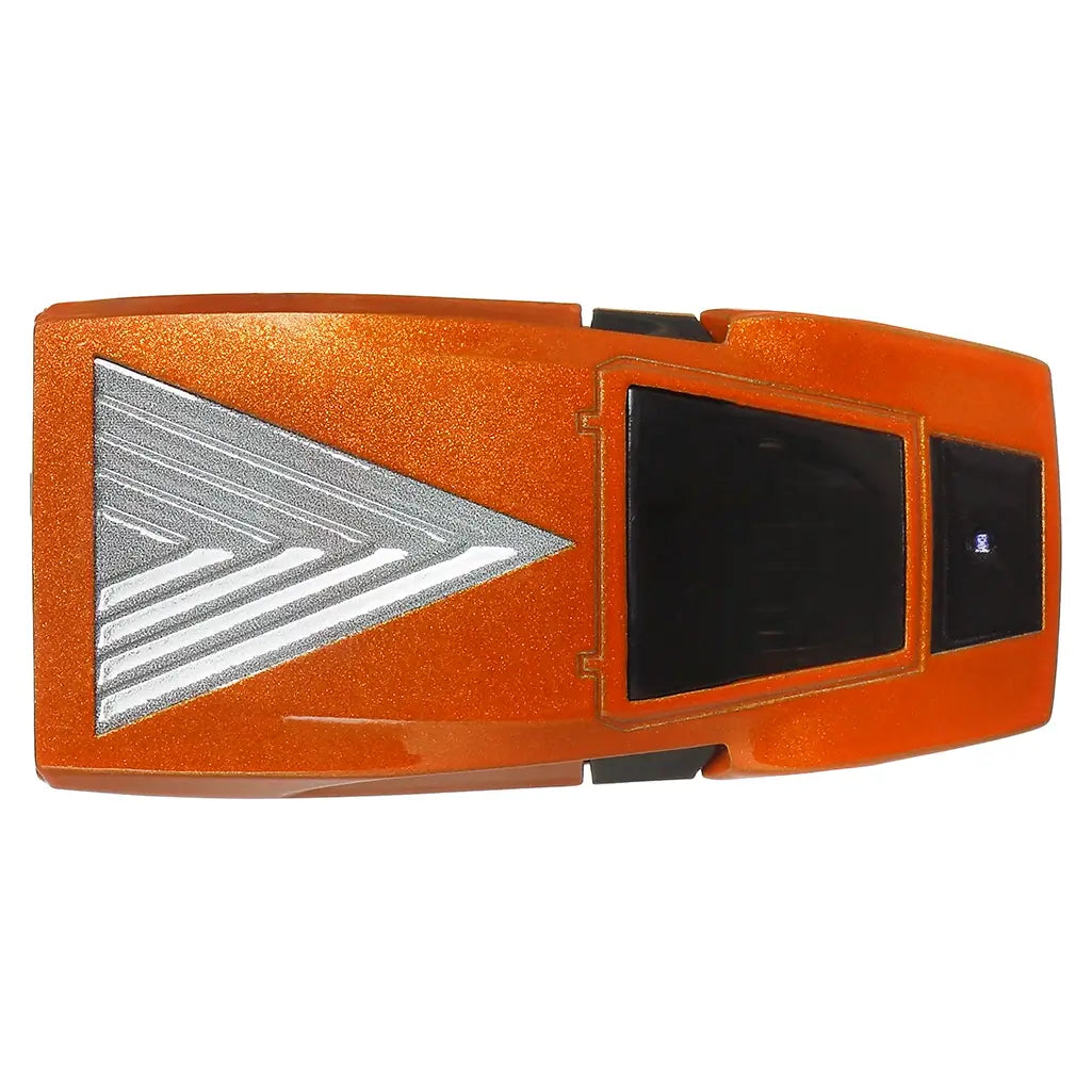 Top-down view of Hot Wheels Premium Lancia Stratos Zero toy car in orange with silver and black detailing, showcasing unique geometric wedge shape design.