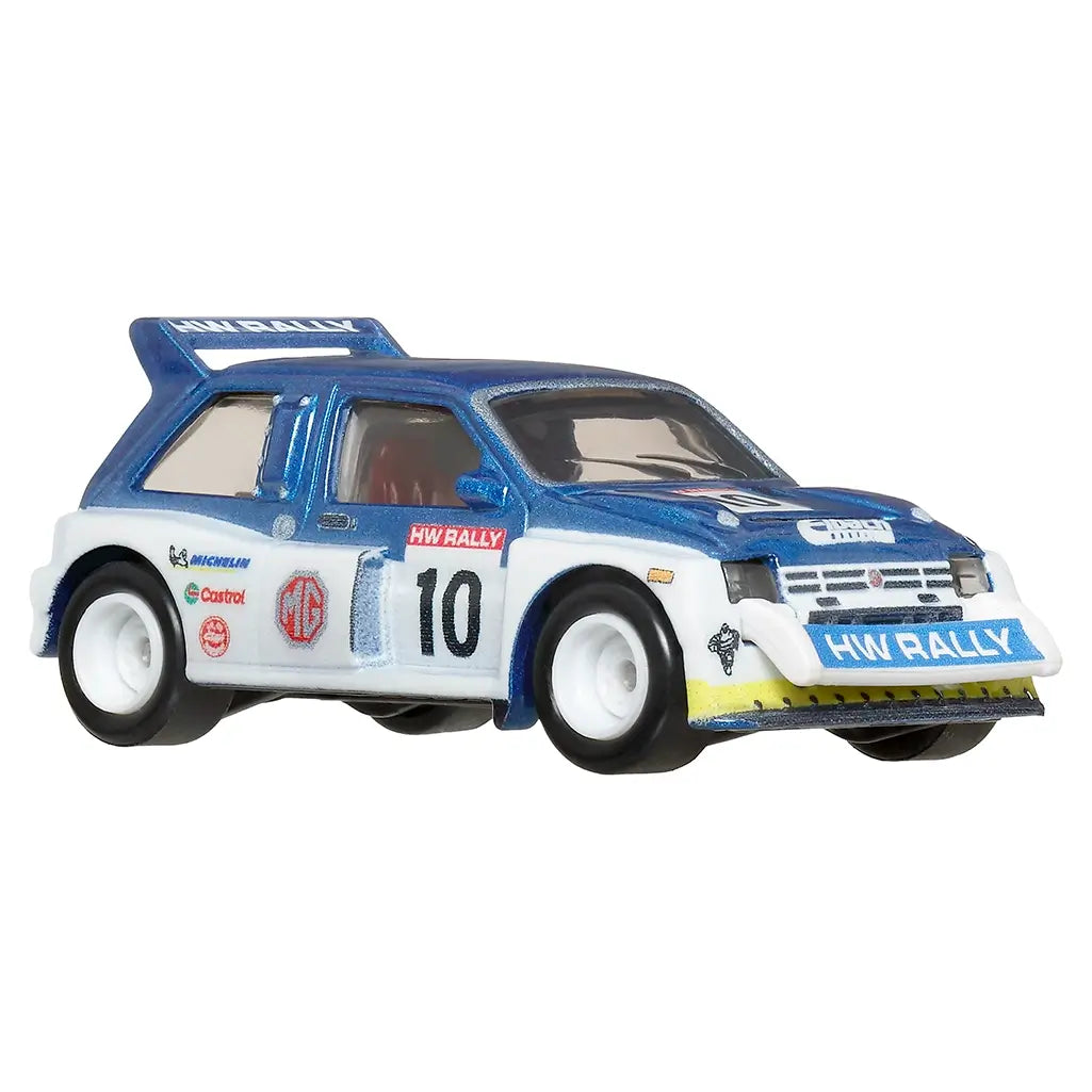 Front angled view of Hot Wheels MG Metro 6R4 toy rally car in blue and white with aerodynamic body kit and HW Rally front bumper, number 10 on hood and doors.