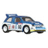 Front angled view of Hot Wheels MG Metro 6R4 toy rally car in blue and white with aerodynamic body kit and HW Rally front bumper, number 10 on hood and doors.
