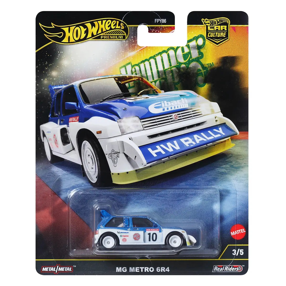Packaged Hot Wheels Premium MG Metro 6R4 die-cast rally car with detailed graphics, white wheels, and HW Rally branding, from the Car Culture Hammer Drop set.
