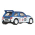Rear angle view of Hot Wheels Premium MG Metro 6R4 rally car toy in 1:64 scale with blue spoiler and realistic rear detailing, part of HW Car Culture series.