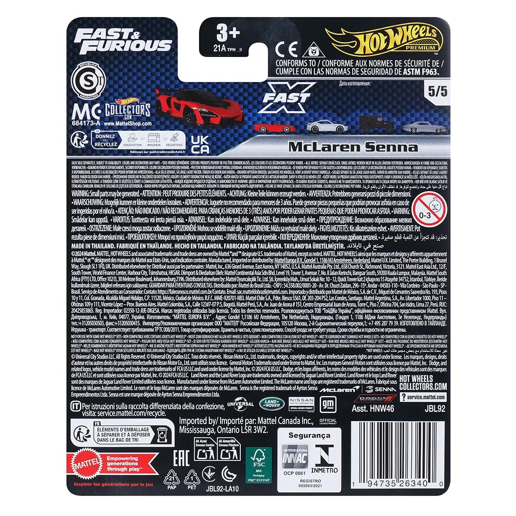 Back of Hot Wheels Premium Fast & Furious McLaren Senna packaging, showing series cars, safety warnings, product details, and brand logos.