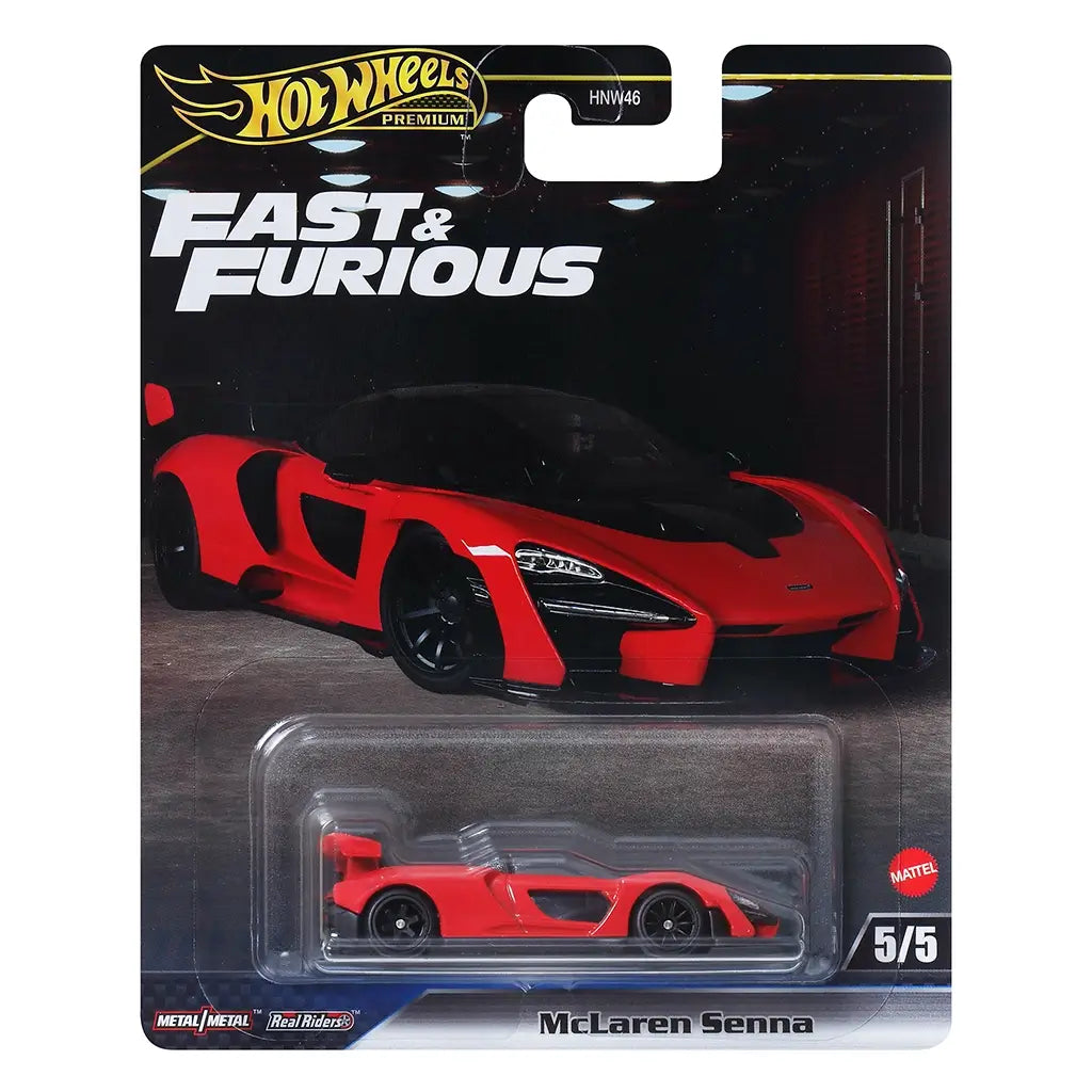 Hot Wheels Premium Fast & Furious McLaren Senna in red with black accents, displayed in package with series branding and large car image backdrop.