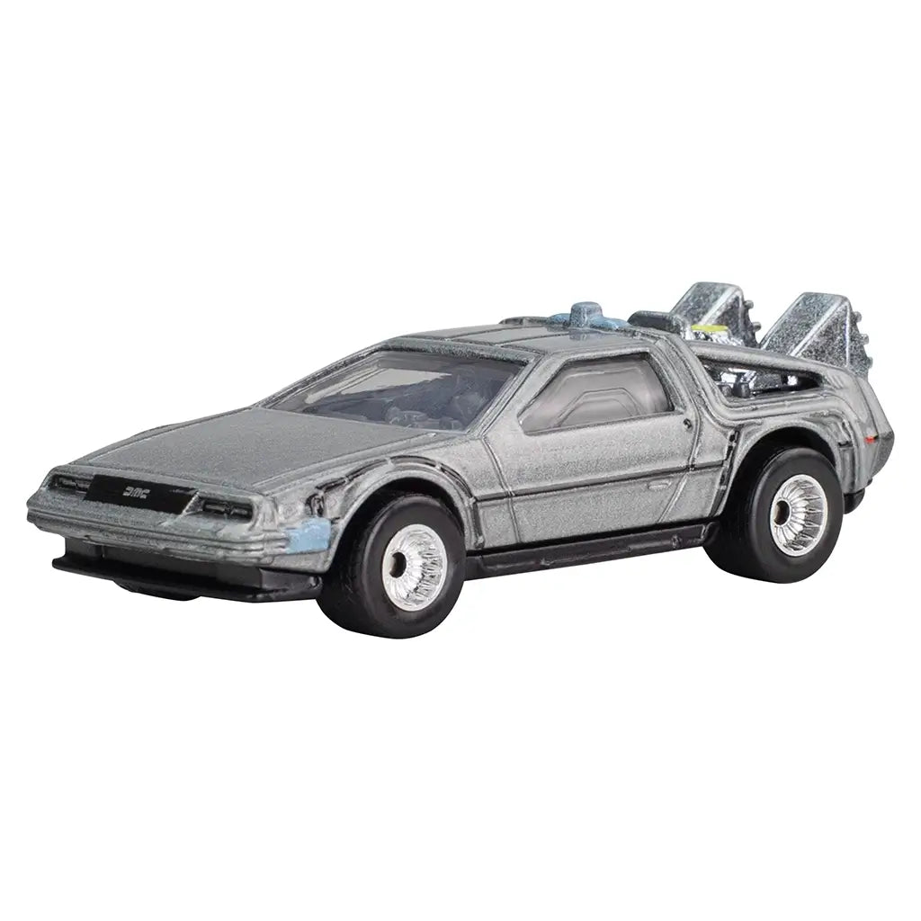 Silver Hot Wheels Back to the Future DeLorean diecast car shown in angled front-side view, featuring chrome wheels and detailed time machine rear components.