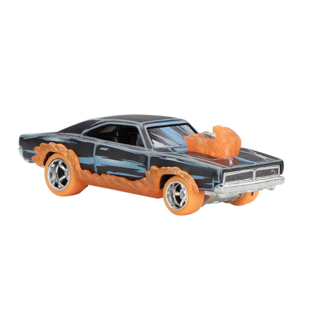 Hot Wheels Premium Ghost Rider Charger die-cast car in black with blue streak graphics, chrome wheels, and molded orange flames on tires and hood, shown in angled front view.