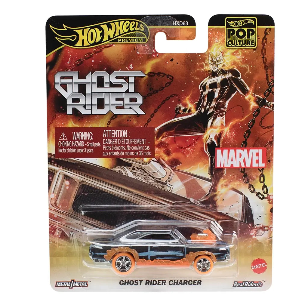 Hot Wheels Premium Pop Culture Marvel Ghost Rider Charger in packaging, featuring black muscle car with orange flame details and illustrated Ghost Rider artwork backdrop.