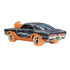 Rear angled view of Hot Wheels Ghost Rider Charger, displaying taillights, black body with blue streaks, orange flame wheel details, and 'GHSTRDR' license plate.