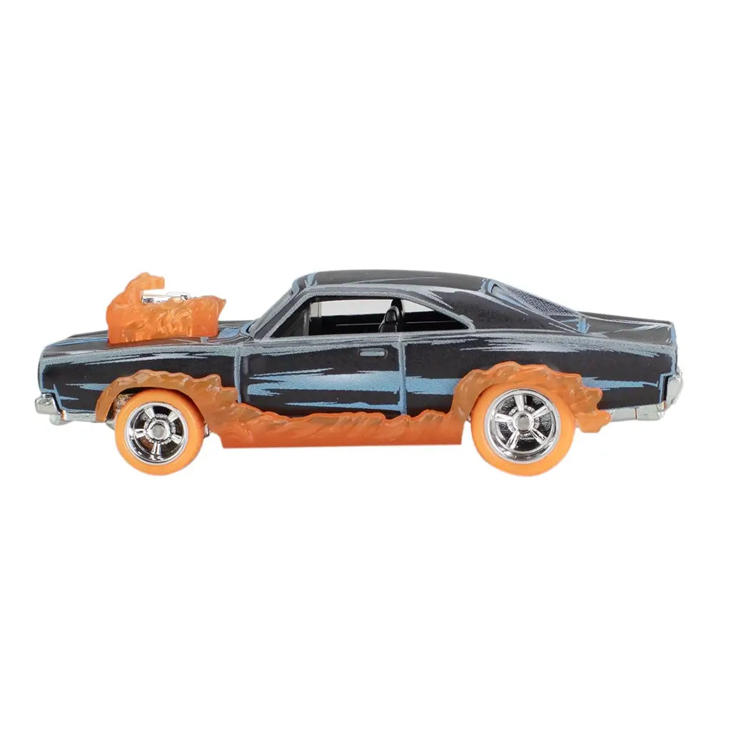 Side view of Hot Wheels Ghost Rider Charger, showcasing sleek black body with blue streaks, orange flame accents, and chrome wheels for authentic detailing.