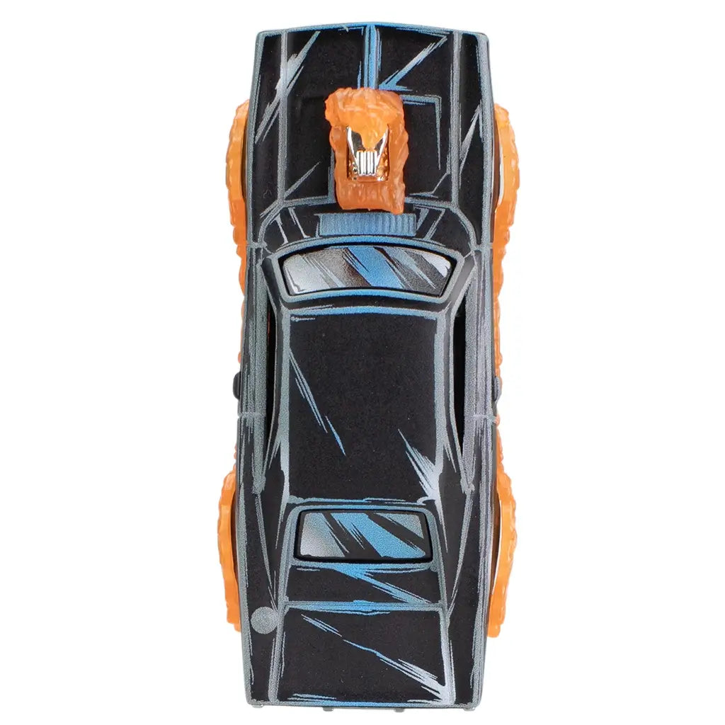 Top view of Hot Wheels Ghost Rider Charger, showing black roof with blue streak graphics, exposed chrome engine, and vivid orange flame details around hood and wheels.