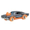Hot Wheels Premium Ghost Rider Charger die-cast car in black with blue streaks, chrome wheels, and vivid orange flame details on tires and hood for a dynamic display look.