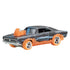 Hot Wheels Premium Ghost Rider Charger die-cast car in black with blue streaks, chrome wheels, and vivid orange flame details on tires and hood for a dynamic display look.