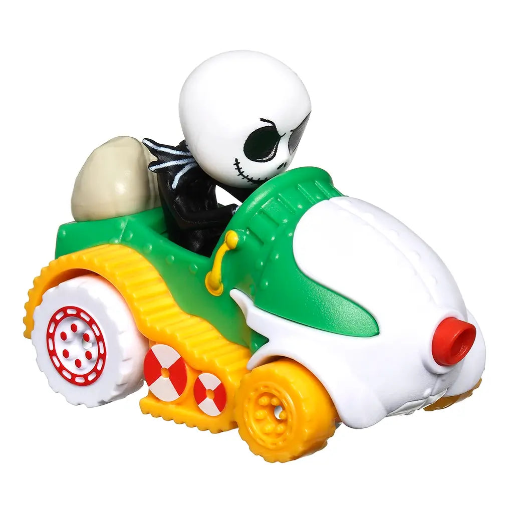 Hot Wheels RacerVerse diecast toy car of Jack Skellington in a green and white racer with yellow wheels and peppermint candy designs, shown in a close angled display.