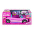 Retail packaging of Barbie Hot Wheels RC convertible car in bright pink box with window display, showing car, remote control, and doll compatibility features.
