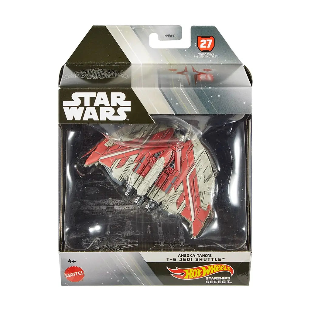 Packaged Hot Wheels Star Wars Starships Select 2025 Ahsoka Tano’s T-6 Jedi Shuttle die-cast toy ship in 1:50 scale, featuring red and grey detailing in a collector display box with official branding.